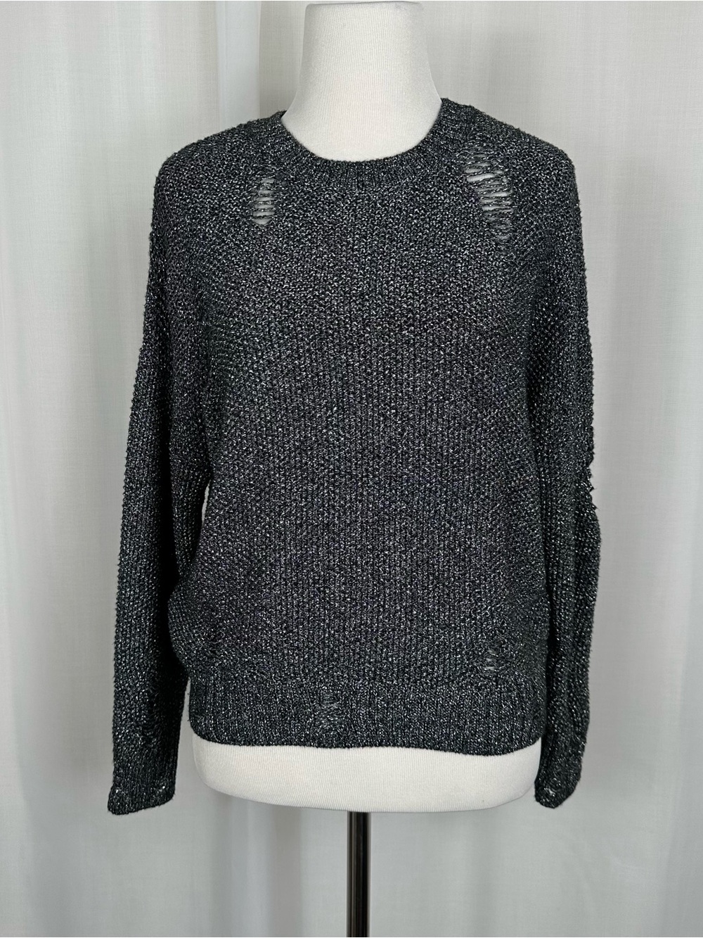 Guess Distressed Metallic Marled Knit Sweater Destroyed Chunky Crewneck Gray XS